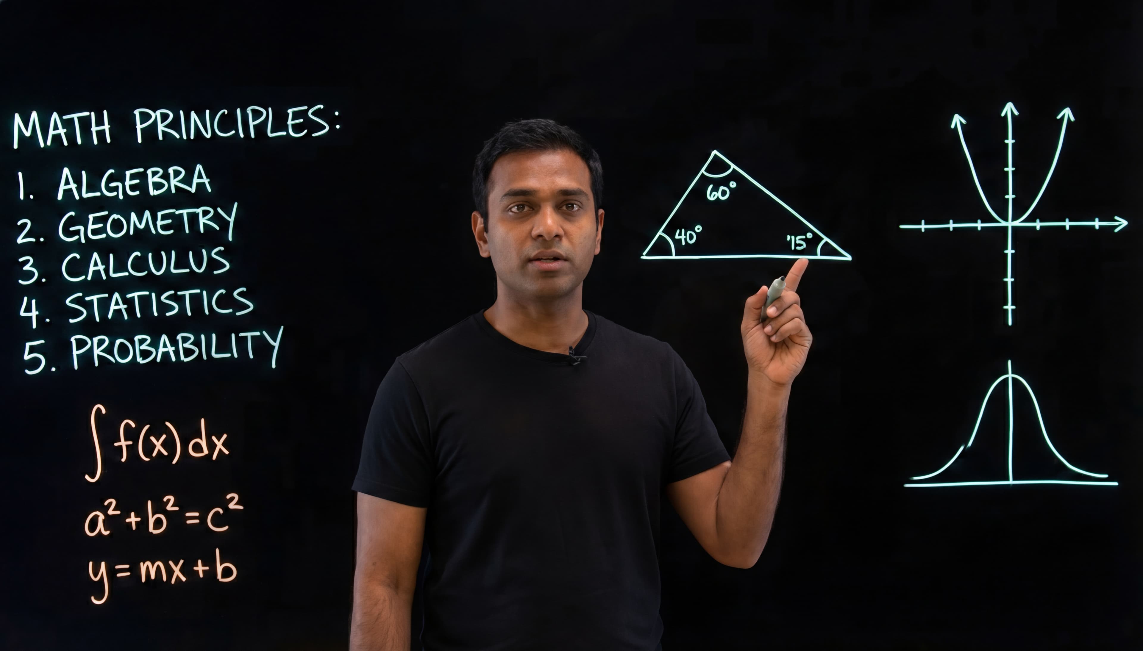 Math teacher explaining concepts including algebra, geometry, calculus, statistics and probability